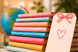 A stack of colorful books with a bookmark tag tied with a pink bow