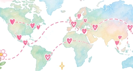 Watercolor world map with hearts marking places bookmarks have traveled